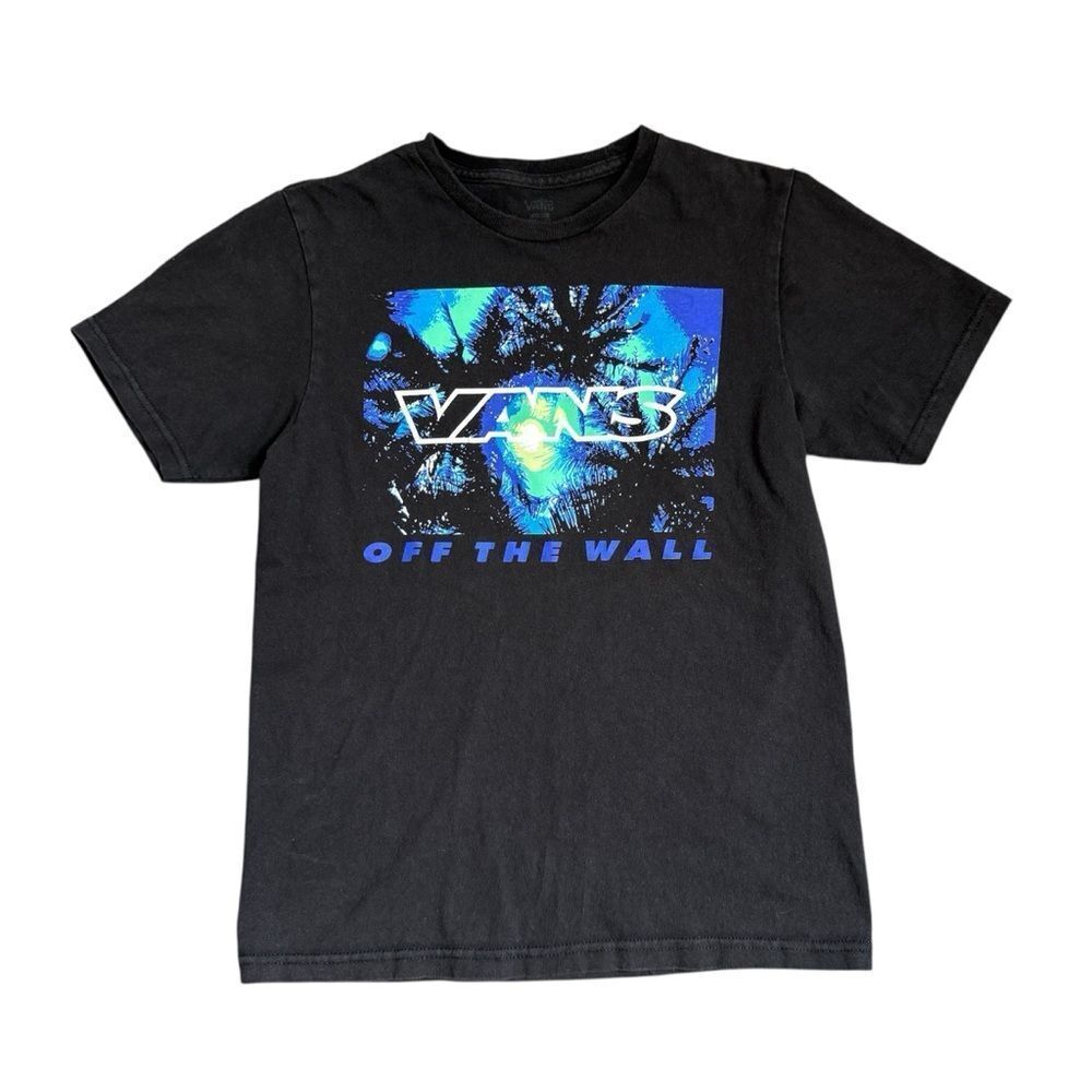 VANS Logo Tee Black Blue Green Hawaiian Palms Medium Boys